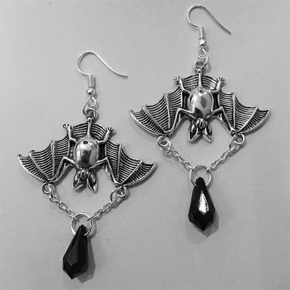 Hanging Silver Vampire Bat Black Teardrop Crystal Goth Chain Dangle Earrings